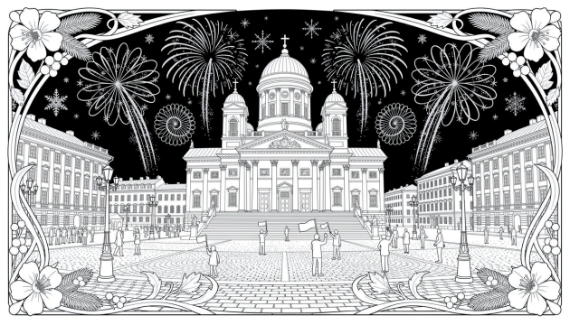 Una página para colorear en blanco y negro con composición simétrica que presenta la Catedral de Helsinki rodeada de fuegos artificiales de Nochevieja, bordes Art Nouveau ornamentados con flores de hibisco y motivos decorativos del invierno finlandés.