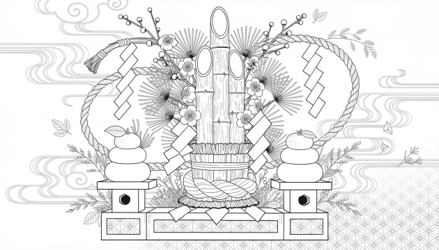 Una página para colorear detallada del Año Nuevo Japonés 2026 con kadomatsu tradicional, kagami mochi y decoraciones shimenawa con detalles botánicos elaborados.