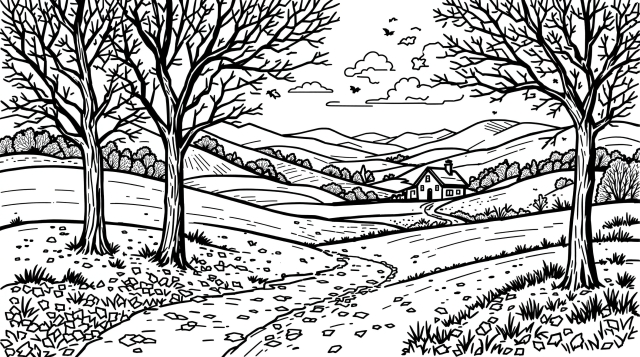 ゴッホ風の秋景色の塗り絵 - 裸木と曲がりくねった小道のある丘陵風景