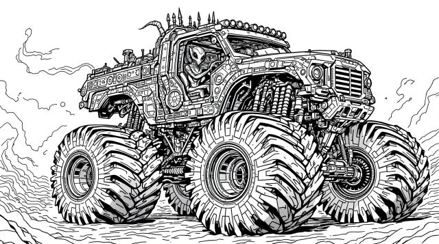 A dynamic monster truck coloring page featuring a humanoid driver crushing through rough terrain with six massive wheels.