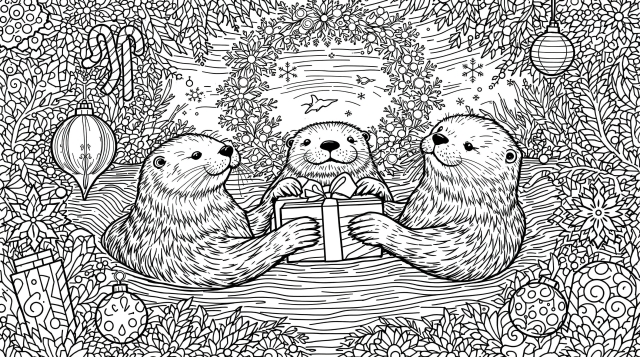 Una página para colorear de nutrias navideñas con diseños intrincados que presenta tres adorables nutrias marinas rodeadas de patrones decorativos ornamentados y adornos navideños.