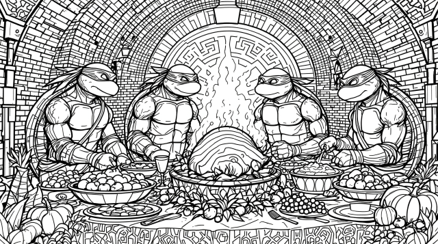 A complex Teenage Mutant Ninja Turtles Thanksgiving coloring page featuring all four turtles celebrating around an elaborate feast table.