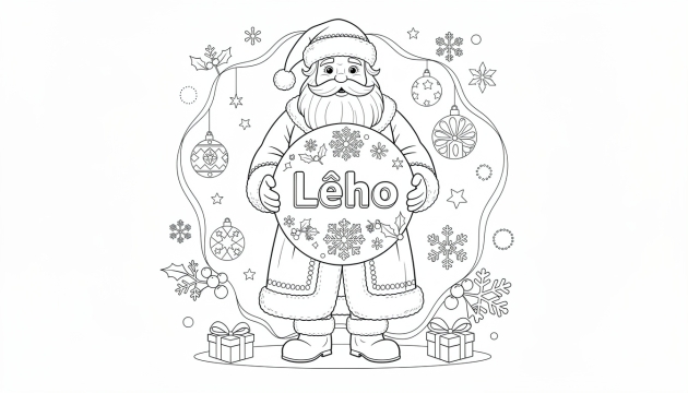 A festive Santa Claus coloring page holding a personalized Christmas ornament with the name Lého surrounded by decorative elements.