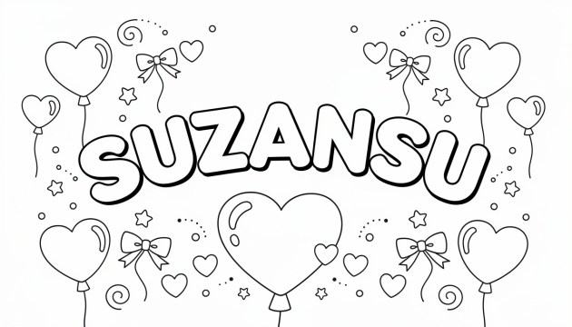 En personlig målarsida med namnet SUZANSU dekorerad med hjärtan, ballonger och festliga element.