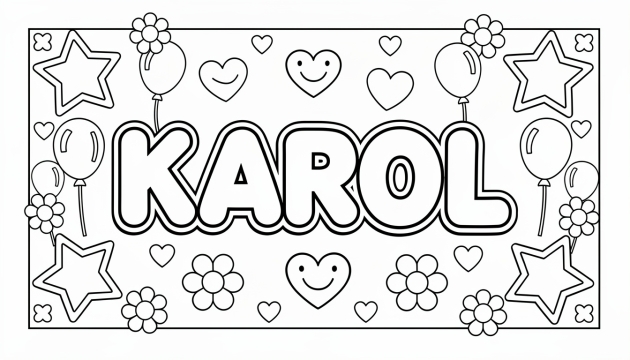 En personlig KAROL-färgläggningssida med bubbliga bokstäver omgivna av stjärnor, hjärtan, ballonger och blommor i symmetrisk ramdesign.