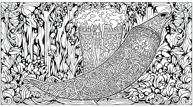 泡立つビールで満たされた装飾的なヴァイキングの角杯が、精巧な装飾の塗り絵ページに斜めに配置されたデザイン