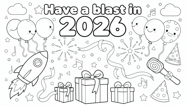 En glad fyrande färgläggningssida med stora bubblabokstäver som stavar 'Have a blast in 2026' omgiven av festliga partyelement.