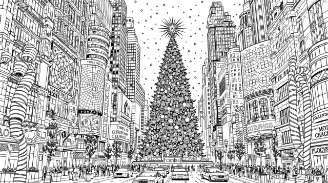 A detailed Times Square Christmas coloring page featuring towering buildings and festive holiday decorations.