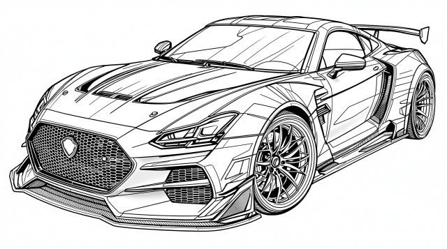 A highly detailed sports car coloring page featuring an isometric front view with intricate aerodynamic elements.