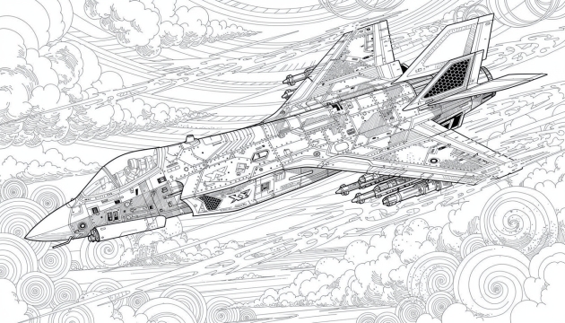 Une page de coloriage détaillée du chasseur F-35 Lightning II en vol haute vitesse avec des motifs ornementaux de nuages.