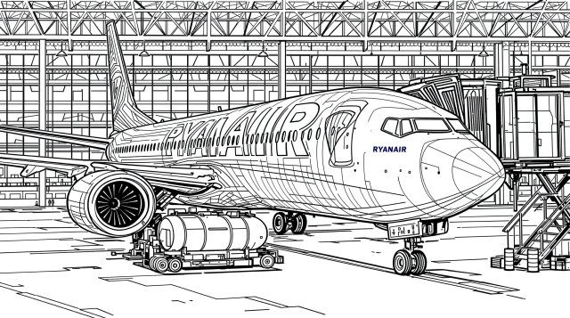 A detailed coloring page featuring a Ryanair Boeing 737 MAX 8 aircraft in a maintenance hangar with ground service equipment.