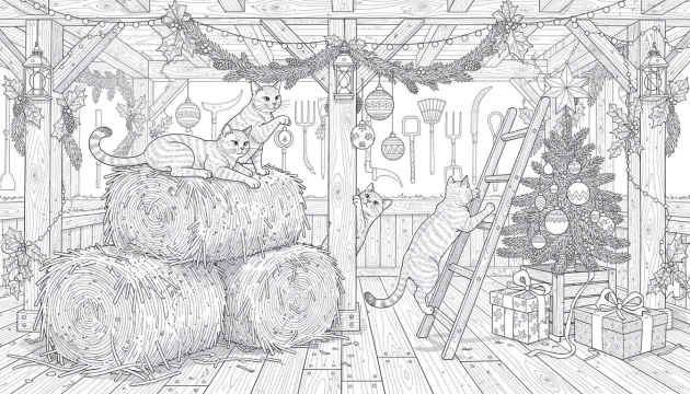 Un coloriage de grenier à foin rustique avec des chats jouant parmi les décorations de Noël, les balles de foin et les outils agricoles vintage.