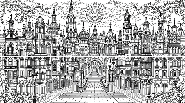 En udarbejdet arkitektonisk bylandskabsfarveside med udsmykkede bygninger og central buet bro med dekorativ barokramme.