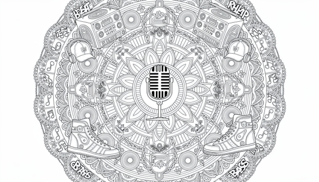 Mikrofonlar, müzik setleri, pikap ve hip-hop tipografisi gibi rap müzik kültürü unsurlarını içeren detaylı dairesel mandala boyama sayfası.