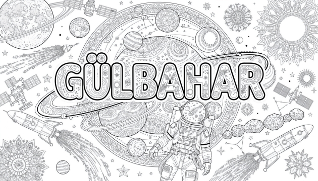 En personlig GÜLBAHAR namnmålarbok med intrikat rymdtema med planeter, raketer och kosmiska element.