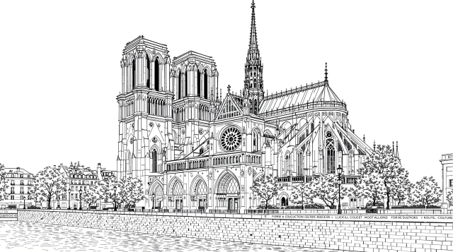 パリのノートルダム大聖堂の精密な建築線画 - ゴシック様式とセーヌ川沿いの視点を描いた大人の塗り絵