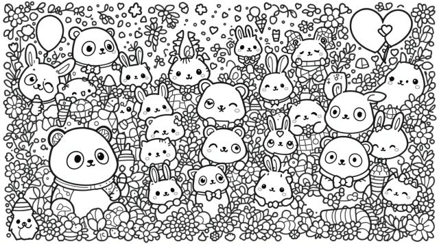 En sjarmerende fargeleggingsside i kawaii-stil med søte dyr i lekne scener med intrikate detaljer og dekorative elementer