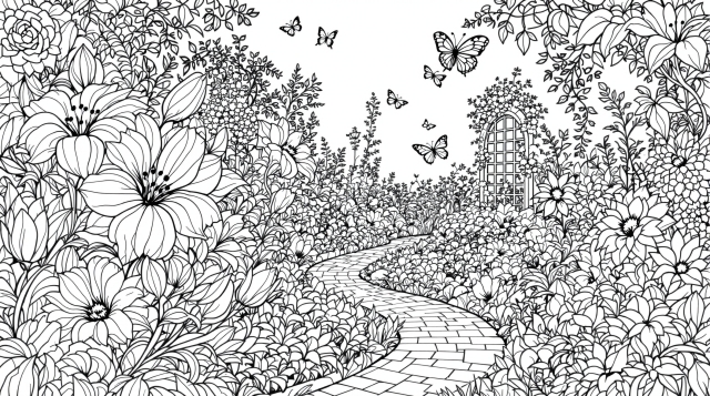 En förtrollad blomsterträdgård målarbok med intrikata botaniska illustrationer och en slingrande stig med ornamental grind.