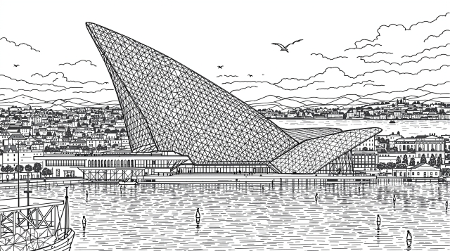 オスロオペラハウスの精密な建築デザイン - 大人の塗り絵ページ（白黒線画）