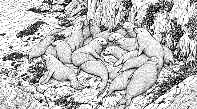 カリフォルニアアシカの塗り絵 - 岩場で休む海洋生物の精密な大人の塗り絵