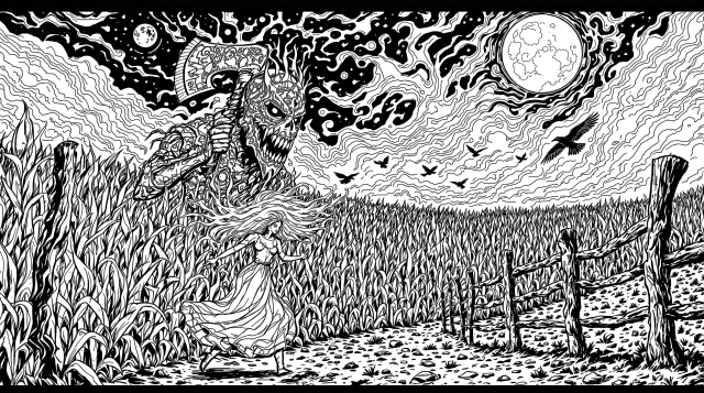 斧を持つ仮面の人物がトウモロコシ畑で女性を追いかける、恐怖のホラーシーン塗り絵
