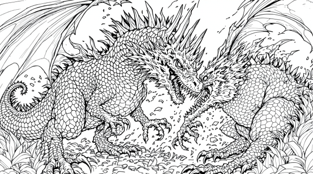 En storslået drage monster farveside med indviklede skæl og dynamisk positur i sort-hvid linjeart.