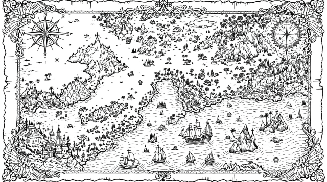 海賊の宝の地図の塗り絵 - 古代の航海要素と隠された秘密が詰まった精密なデザイン