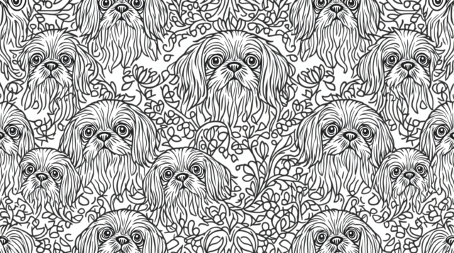 ウィリアム・モリス風のシーズー犬とアールヌーボー様式の植物柄が織りなす優美な大人の塗り絵