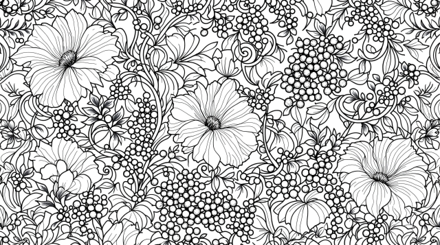 ウィリアム・モリス風スイートピーとブルーベリーの塗り絵 | アールヌーボー様式の優雅なボタニカルデザイン