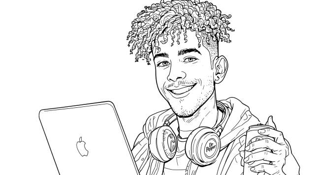 En moderne ung mand med krøllet hår og høretelefoner smiler mens han arbejder på sin laptop og nyder en Dr Pepper