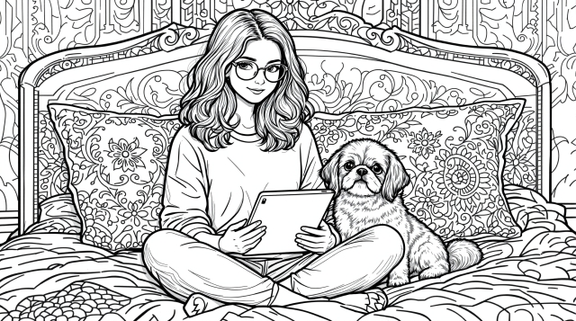 Kahverengi saçlı bir genç kız, yatağında iPad'i ve gülümseyen Shih Tzu'su ile dinleniyor