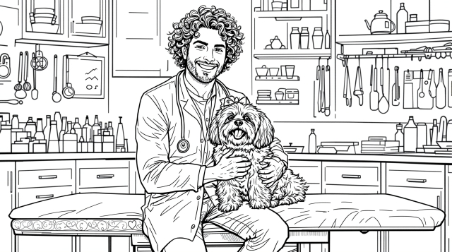 En vänlig veterinär med lockigt hår undersöker en glad Shih Tzu på undersökningsbordet