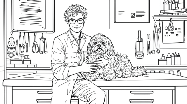 En vänlig veterinär med lockigt blont hår undersöker ömt en glad Shih Tzu-valp