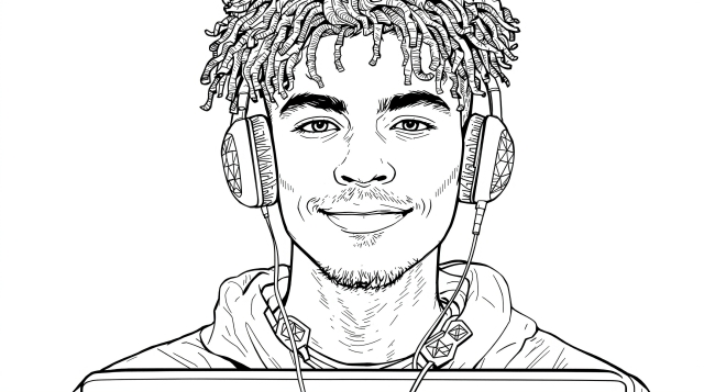 ヘッドホンをつけてノートパソコンで作業する笑顔の巻き毛の若い男性