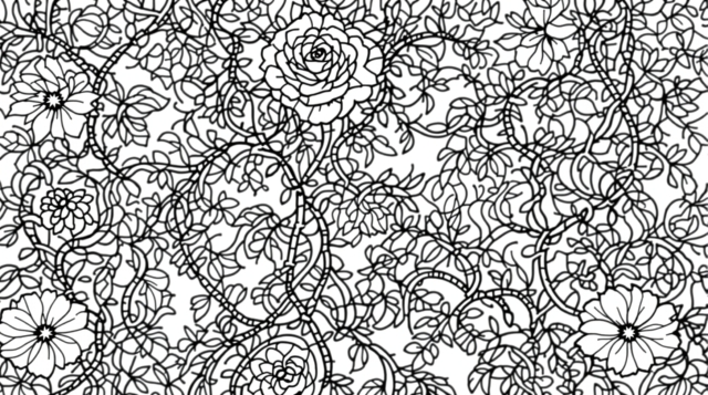 ウィリアム・モリス風の優雅な塗り絵 - 黄色いバラと紫のクレマチスが絡み合うアールヌーボーデザイン