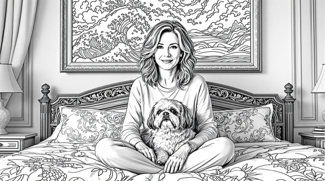Ett hjärtevärmande porträtt av en medelålders mamma som kopplar av med sin Shih Tzu på sängen, med en havsmålning i bakgrunden
