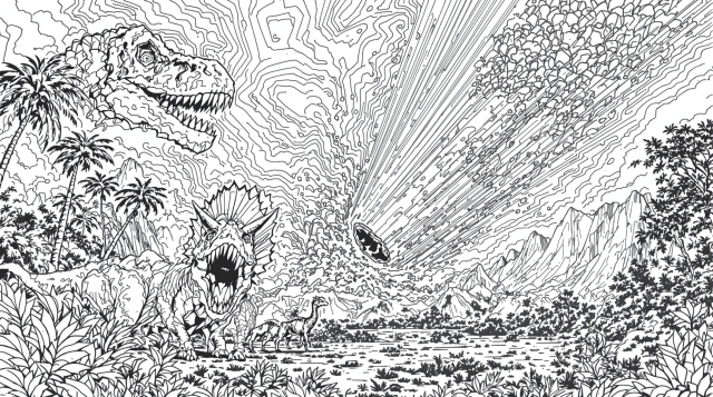 恐竜絶滅の瞬間を描いた隕石衝突の塗り絵 - 精密な先史時代の風景とティラノサウルスを収録した大人向け線画