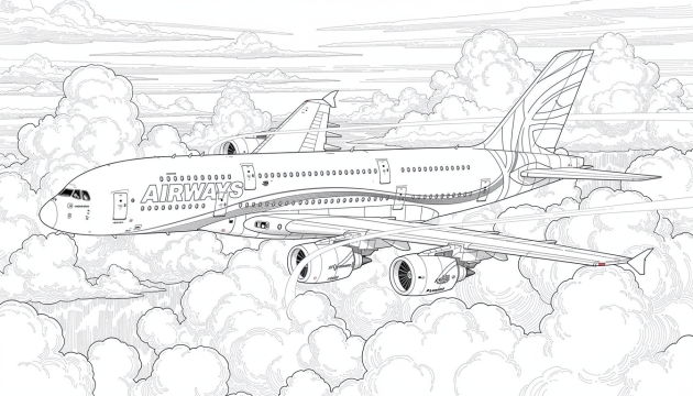 A highly detailed Airbus A380 aircraft flying through billowing clouds in an intricate black and white coloring page designed for advanced colorists.