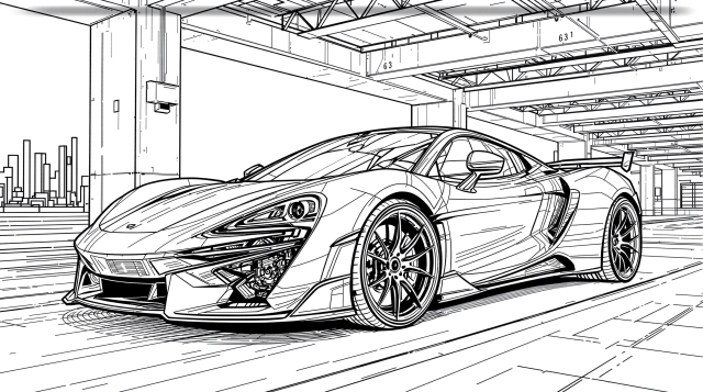 A detailed McLaren-inspired hypercar coloring page featuring a supercar in a luxury parking garage with intricate mechanical details.