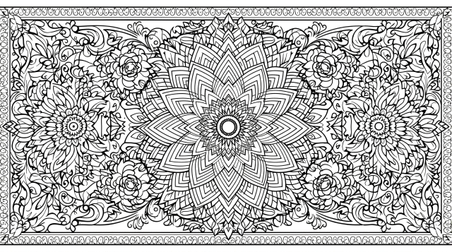 横長フローラルマンダラ塗り絵 - 精緻なバラと植物モチーフの左右対称デザイン