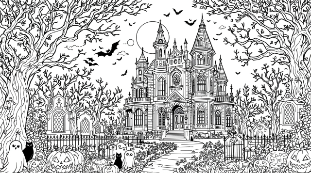 A Gothic Victorian haunted mansion coloring page features intricate architectural details and spooky Halloween elements for adult coloring enthusiasts.
