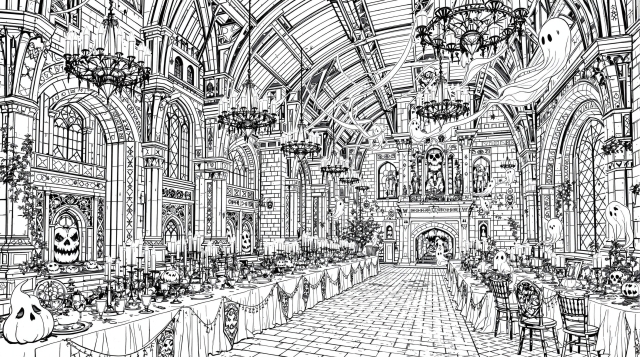 An elaborate medieval castle great hall coloring page featuring intricate Gothic architecture and haunted Halloween party decorations.