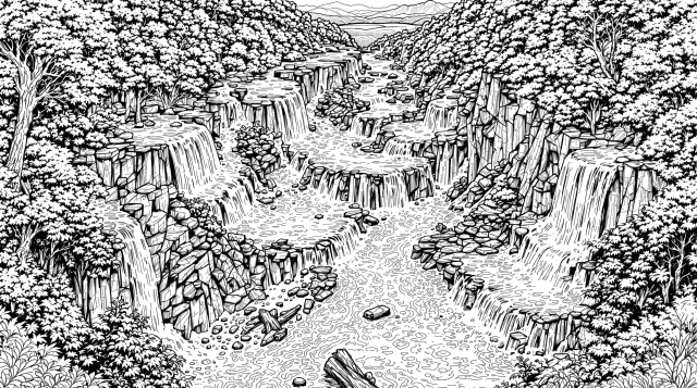 滝と川のぬりえ