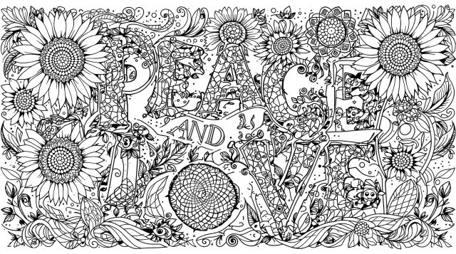「PEACE AND LOVE」のレタリングとひまわり、子ガメが描かれた緻密な大人の塗り絵