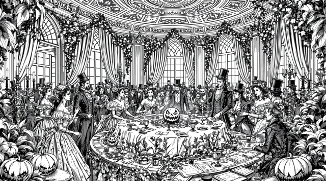 ヴィクトリア朝イングランドのハロウィンパーティー塗り絵 - 時代衣装を纏った優雅なゲストとハーベストパンプキンの大人の塗り絵