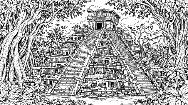 熱帯雨林に佇む壮大なマヤ文明のピラミッド - 精緻な石造建築が美しい大人の塗り絵