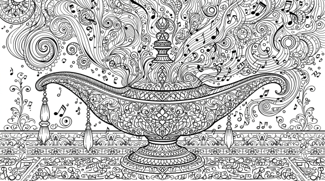 En indviklet farvelægningsside af Aladdins lampe med musiknoter der flyder fra dens udsmykkede åbning i udarbejdede arabeskmønstre.