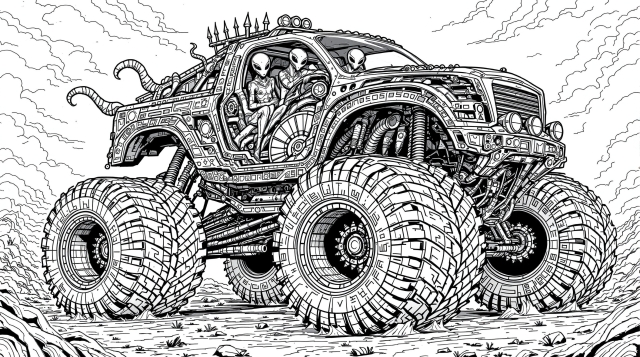 An intricate coloring page featuring alien beings piloting a massive six-wheeled monster truck with biomechanical details.