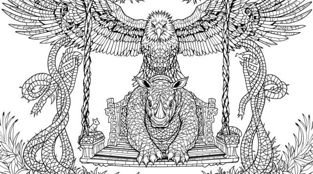 A majestic dragon sits on an ornate throne with serpentine columns while a magnificent eagle soars above in this intricate coloring page.