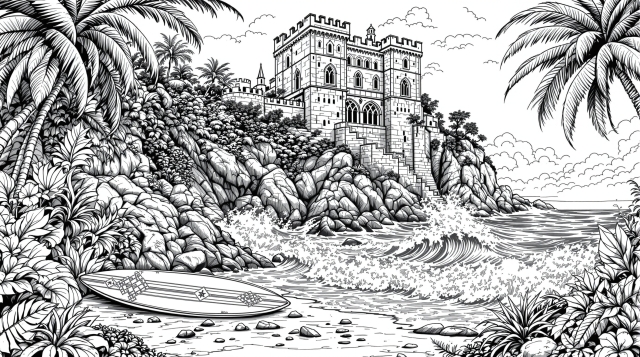 海とビーチのぬりえ